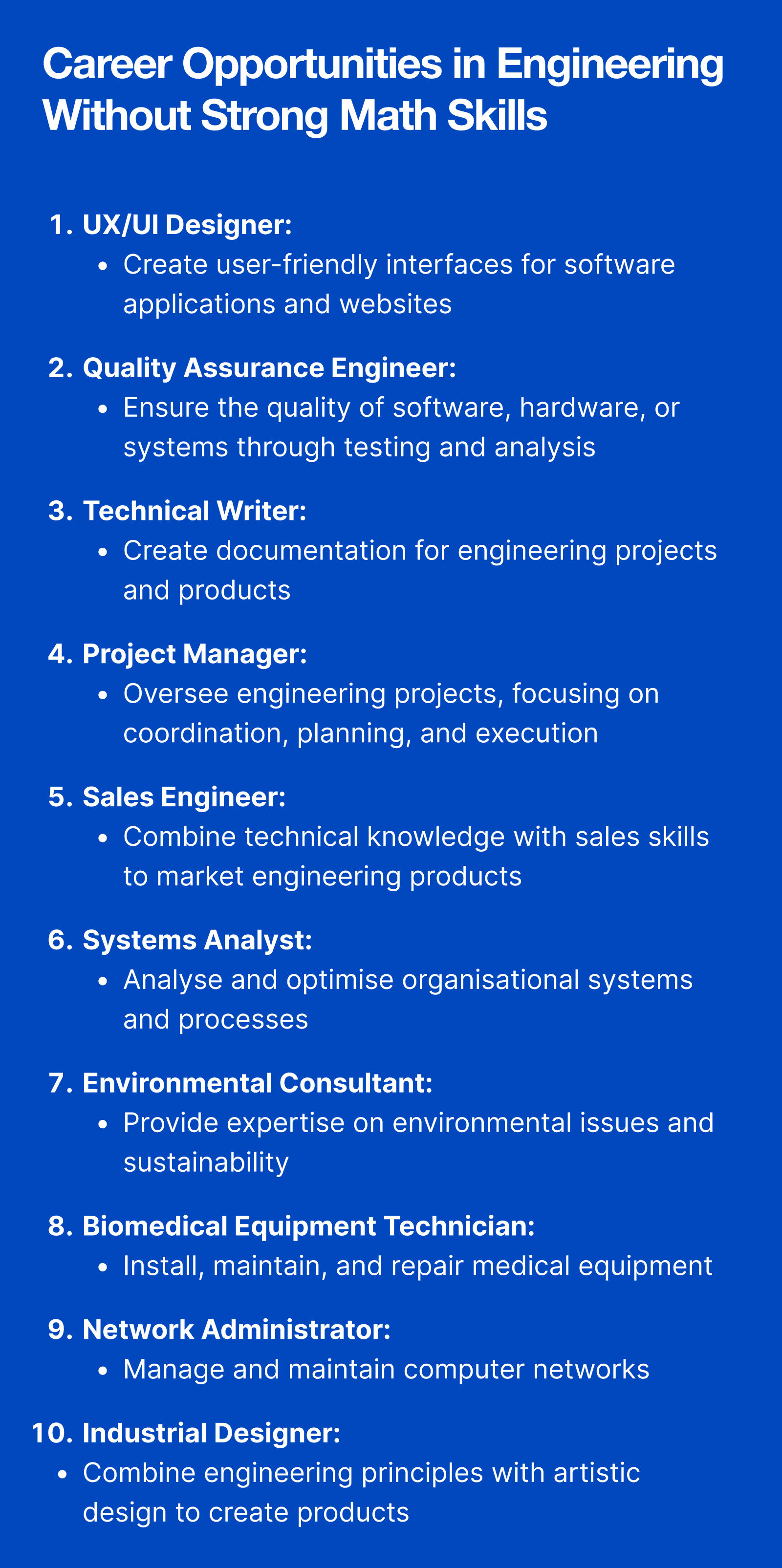 Career opportunities in engineering without strong math skills